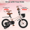 14-inch kids bike with adjustable seat and handlebars, dual brake system, and removable training wheels for ages 3-5.