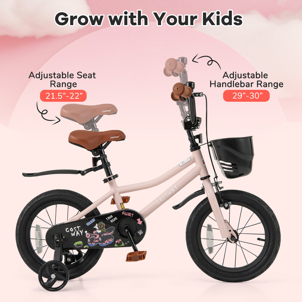 14-inch kids bike with adjustable seat and handlebars, dual brake system, and removable training wheels for ages 3-5.