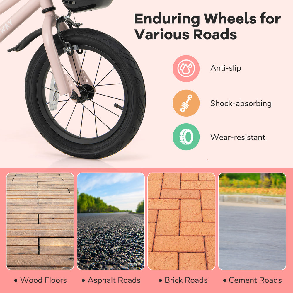 Enduring wheels of the 14-inch kids bike, designed for various surfaces like wood floors, asphalt, and brick roads.