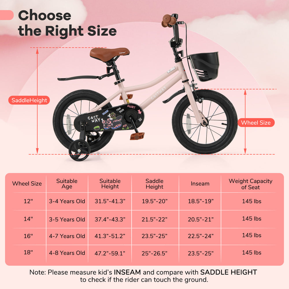14-inch kids bike with basket, adjustable handlebar, dual brake system, and removable training wheels for ages 3-5.