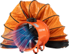 14" industrial blower fan in orange with a sturdy metal base and flexible 25 ft duct hose, perfect for smoke removal in tight spaces.