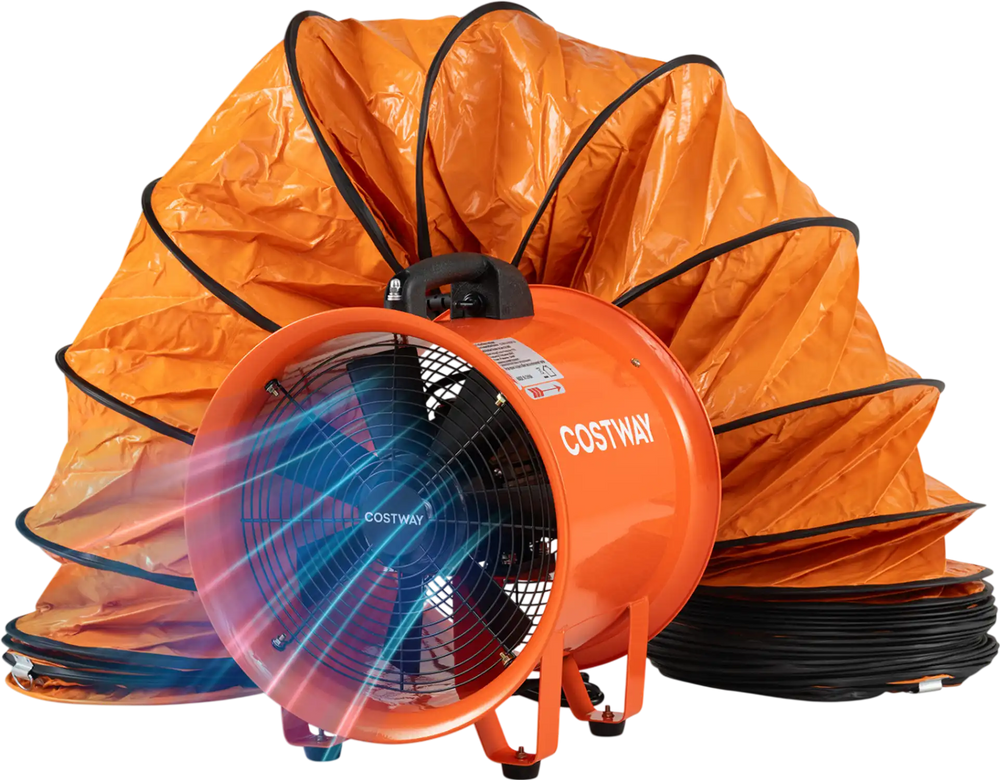 14" industrial blower fan in orange with a sturdy metal base and flexible 25 ft duct hose, perfect for smoke removal in tight spaces.