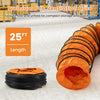 25 ft flexible PVC ventilation hose in orange, designed for easy storage and quick setup with industrial blower fan.