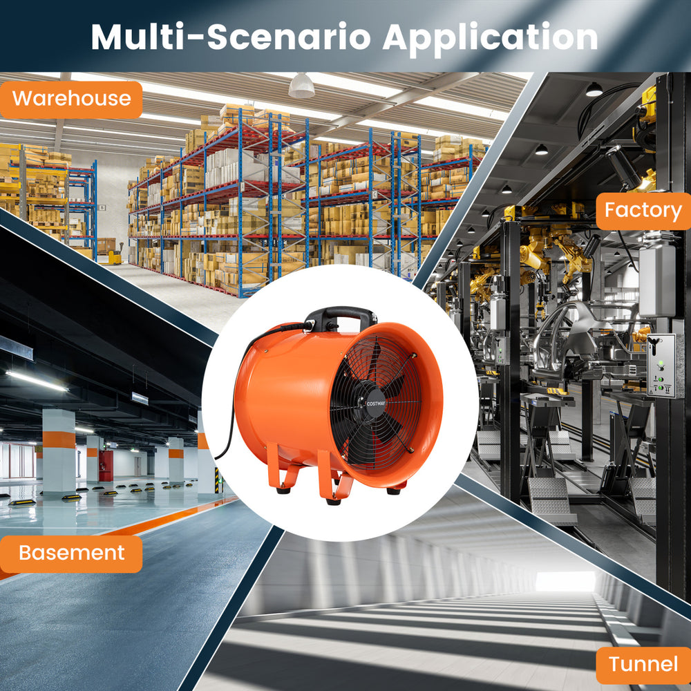14" industrial blower fan in orange with a 25 ft flexible duct hose, ideal for ventilation in warehouses and factories.