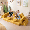 Modular kids play couch in yellow with removable suede covers, perfect for playrooms and stimulating creativity.