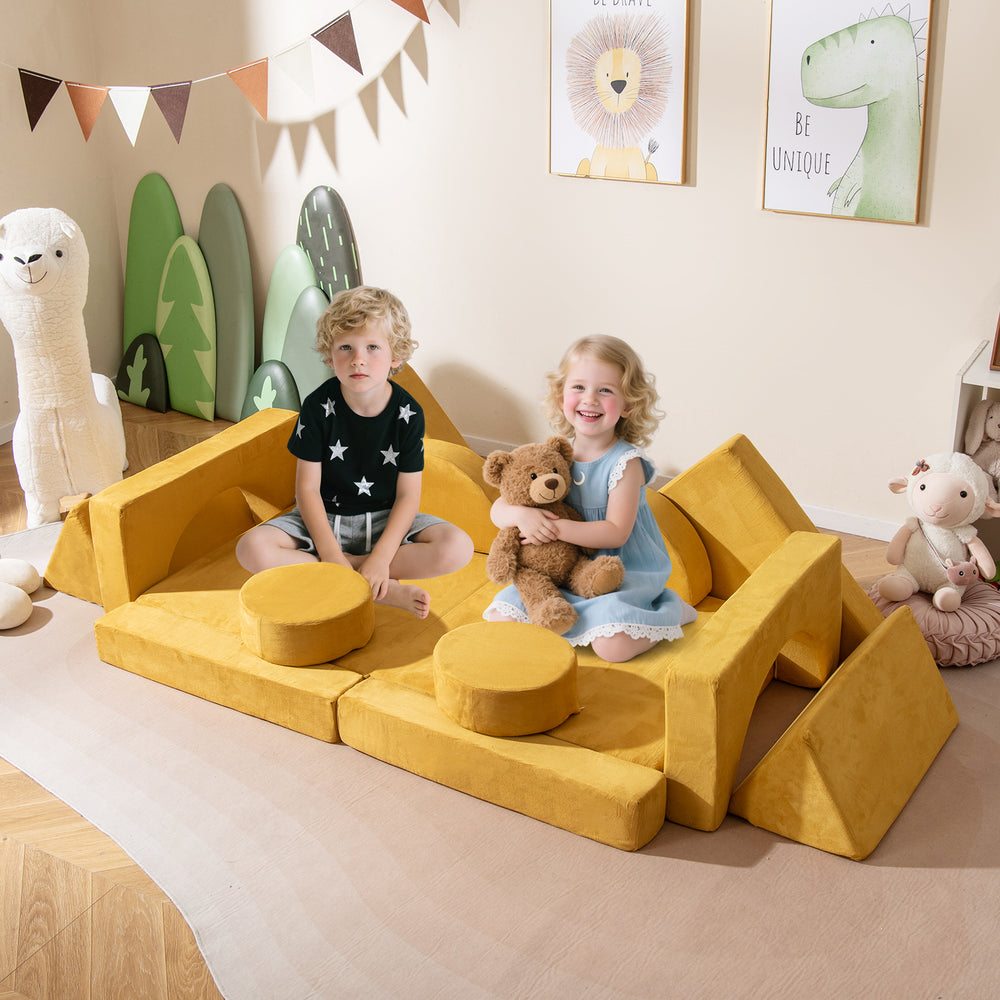 14 PCS Modular Kids Play Couch for Playroom and Bedroom-Yellow - Gallery View 1 of 10