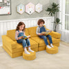 Modular kids play couch in yellow with removable suede covers, ideal for playrooms and bedrooms, encouraging creativity.