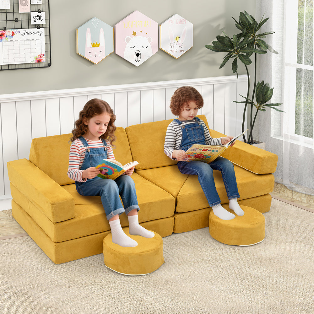 Modular kids play couch in yellow with removable suede covers, ideal for playrooms and bedrooms, encouraging creativity.