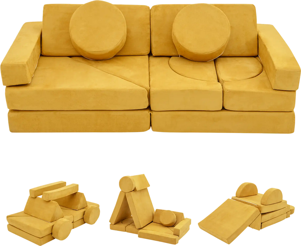 Modular kids play couch in yellow with removable suede covers, designed for safe and creative play in playrooms.