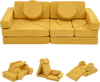 Modular kids play couch in yellow with removable suede covers, designed for safe and creative play in playrooms.