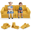 Modular kids play couch in yellow with removable suede fabric, ideal for playrooms and stimulating creativity.