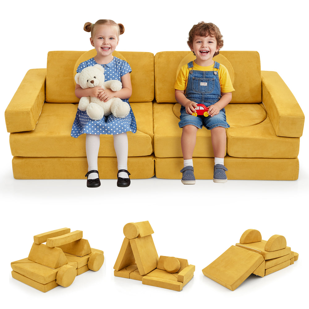 Modular kids play couch in yellow with removable suede fabric, ideal for playrooms and stimulating creativity.