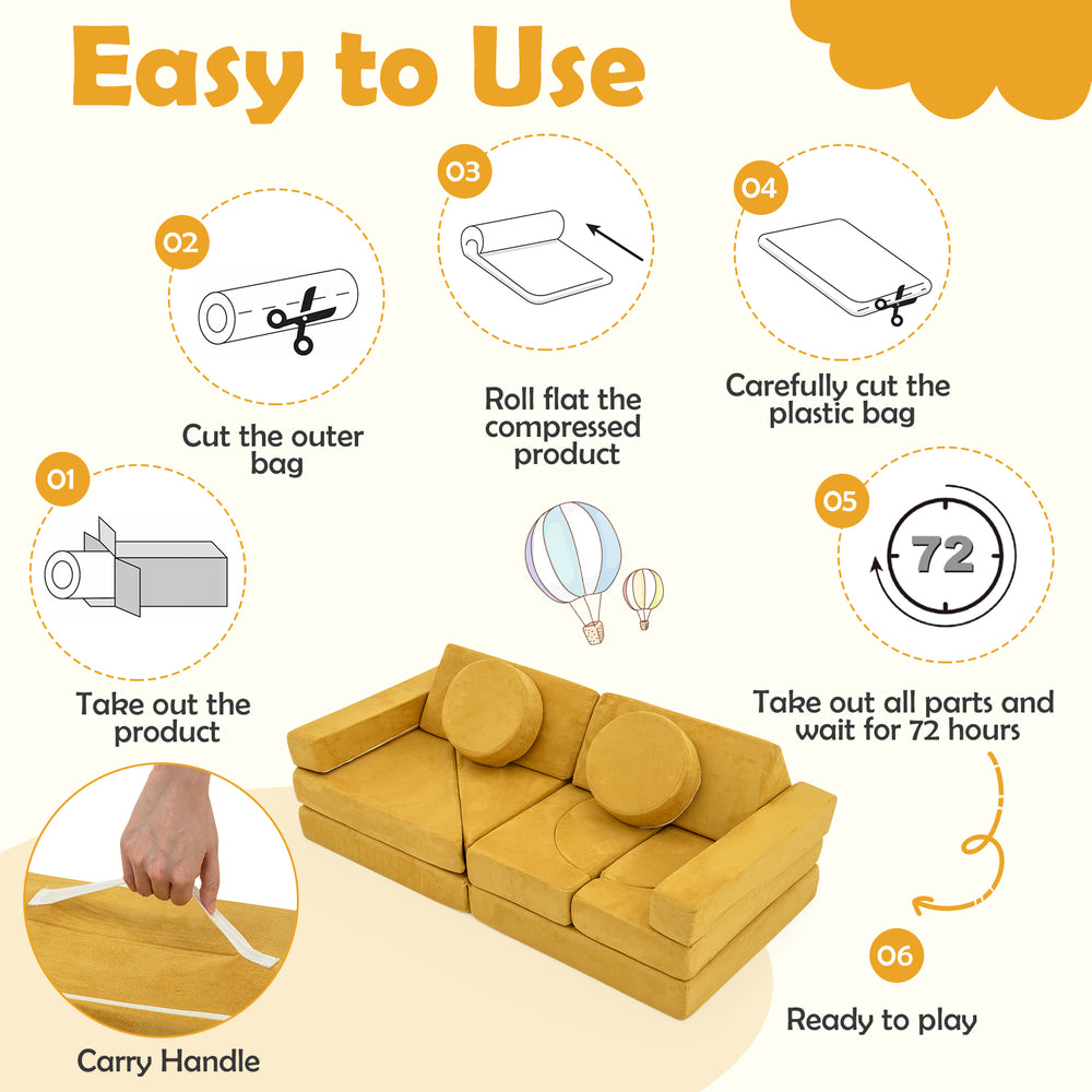 Modular kids play couch in yellow with removable suede covers, designed for safety and creativity in playrooms.