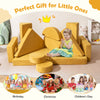 Modular kids play couch in yellow, featuring removable suede covers, ideal for playrooms and promoting creative play.