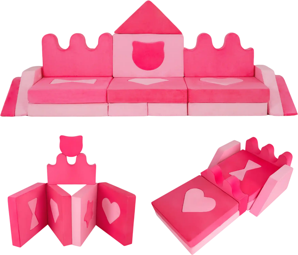 Modular 14-piece kids play couch in pink, featuring soft velvet for climbing and crawling, ideal for playrooms and.