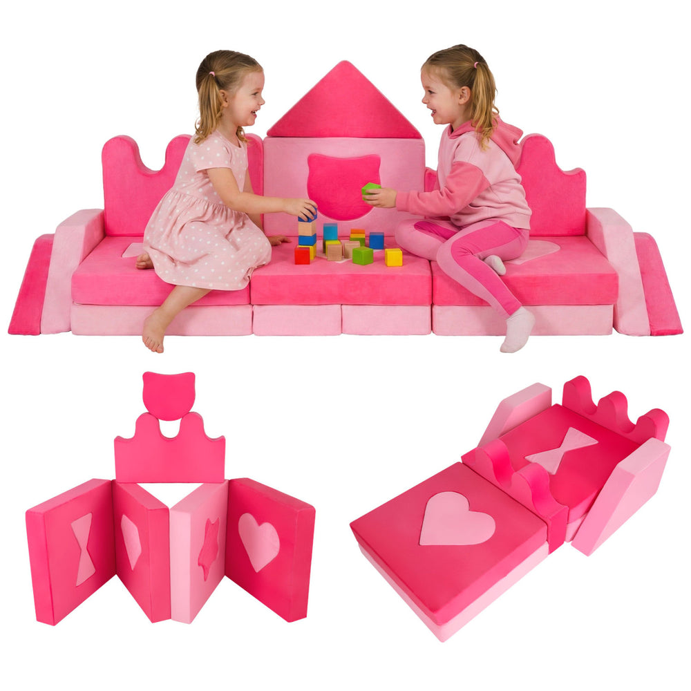 Modular pink foam climbing blocks for kids, featuring 14 pieces for play, comfort, and physical activity in various.