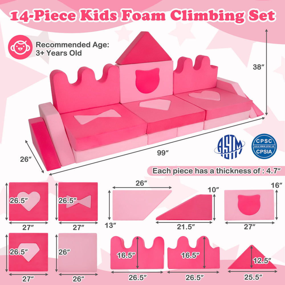 14-piece pink kids foam climbing set with various shapes for play, promoting fitness and comfort in living rooms or.