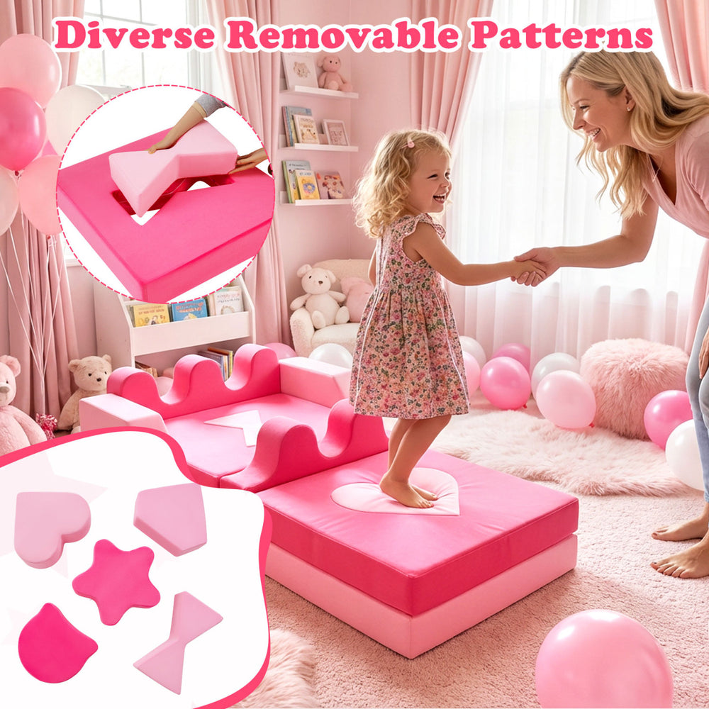 Kids play couch modular foam climbing blocks in pink, featuring removable patterns for shape recognition and endless.