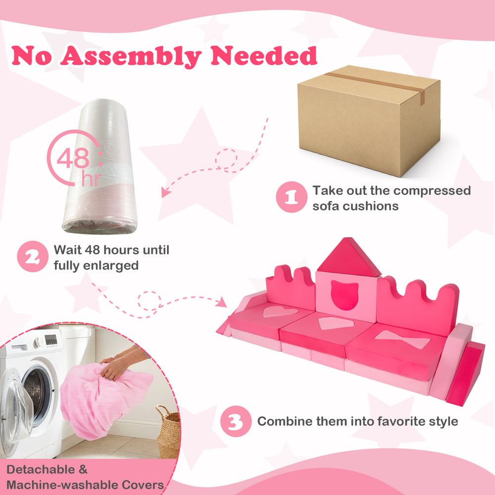 14-piece pink kids play couch modular foam blocks, soft velvet, removable covers, perfect for playrooms and climbing.