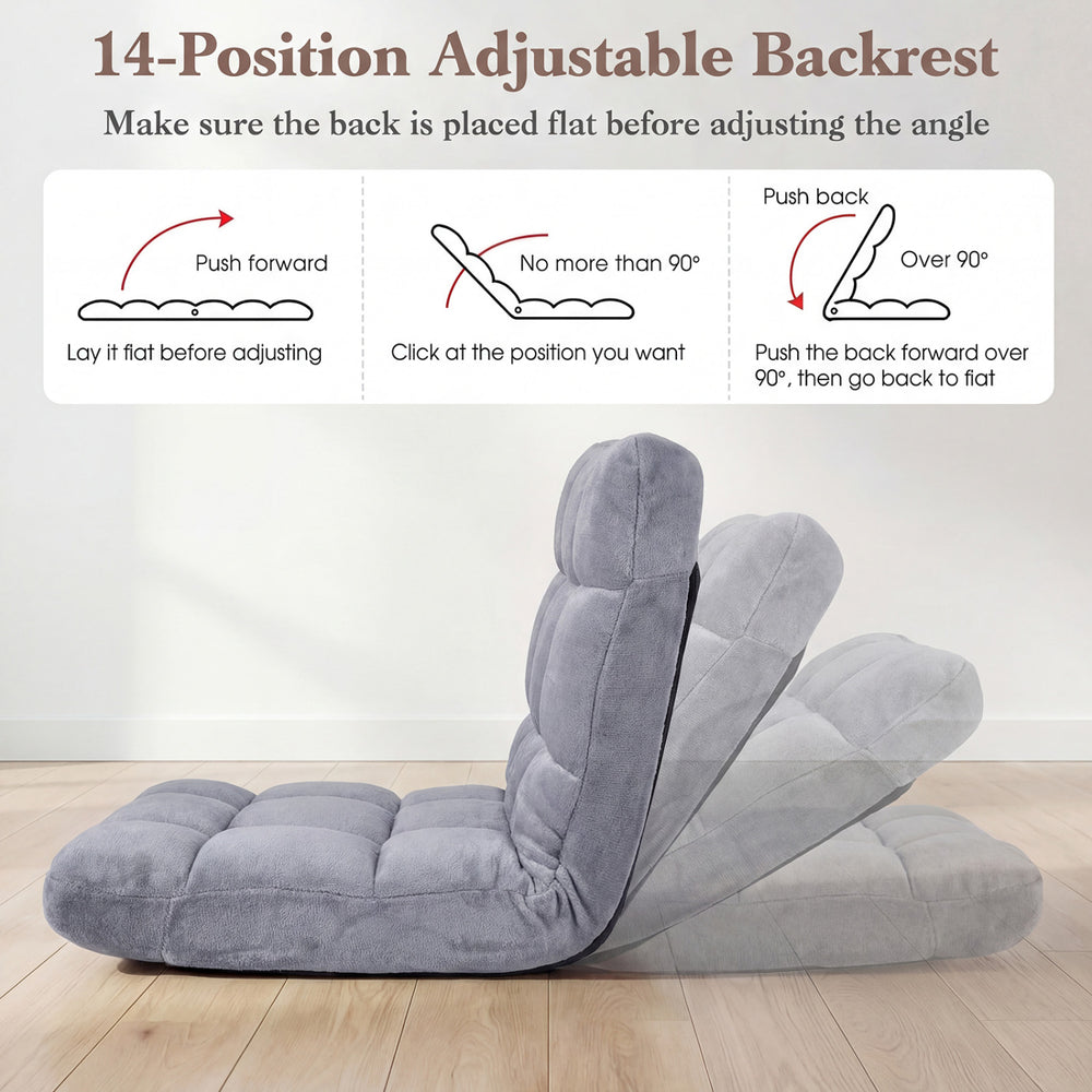 Light gray cushioned floor chair with 14 adjustable positions, ideal for comfortable seating in any room.