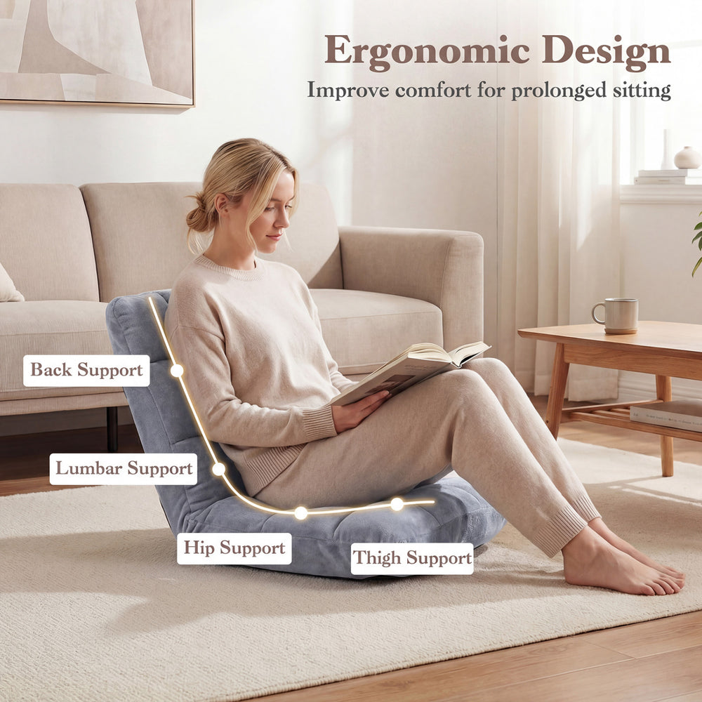 Adjustable cushioned floor chair in light gray, showcasing ergonomic back, lumbar, hip, and thigh support for comfort.