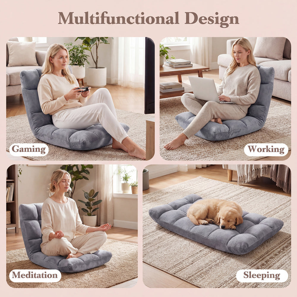 Light gray adjustable cushioned floor chair in 14 positions, ideal for gaming, working, meditation, and sleeping.