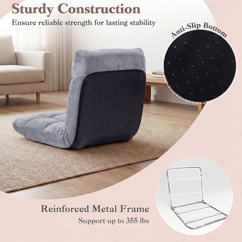 Adjustable cushioned floor chair in light gray with a reinforced metal frame, perfect for versatile seating and support.