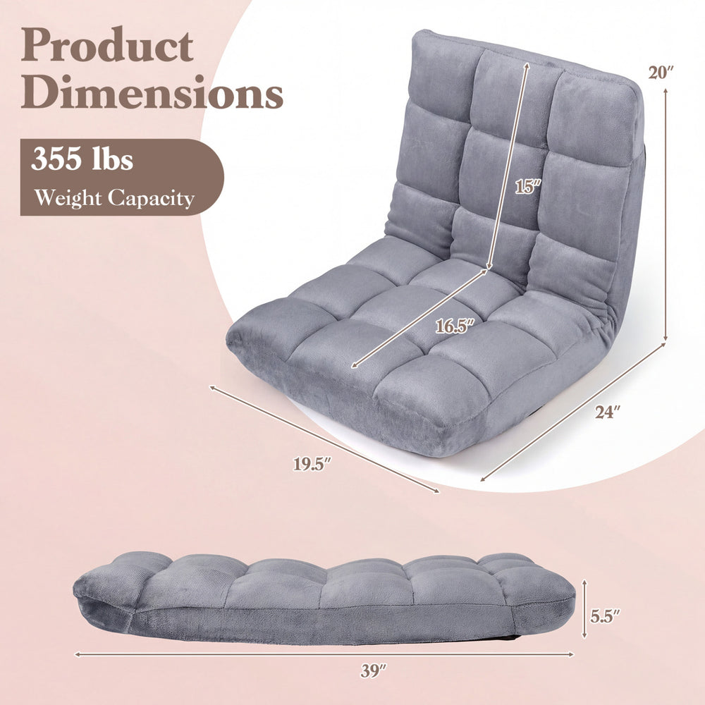 Light gray adjustable cushioned floor chair with 14 positions, featuring thick padding and a 355 lbs weight capacity.