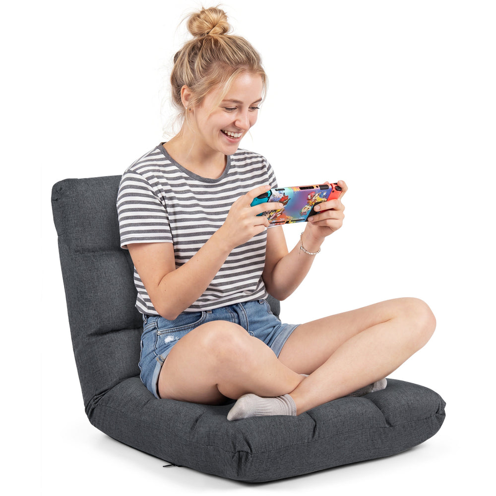 Adjustable gray floor chair with back support and comfy cushion, perfect for gaming or lounging in any space.