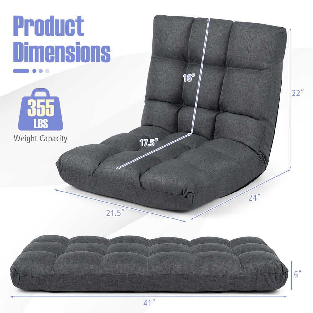 Adjustable gray floor chair with 14 positions, padded seat, and back support, ideal for comfortable seating.
