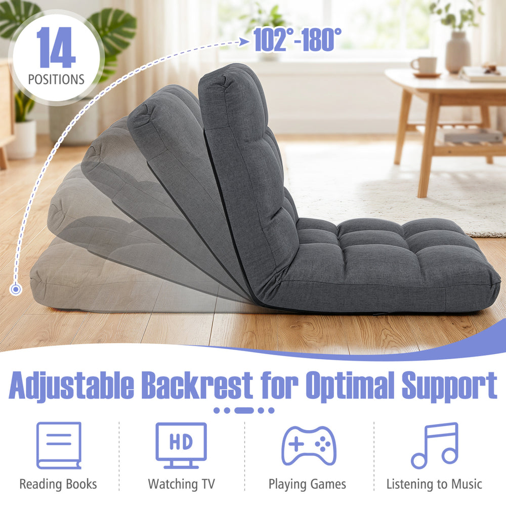 14-position adjustable floor chair in gray with padded seat and wide backrest for optimal support and comfort.