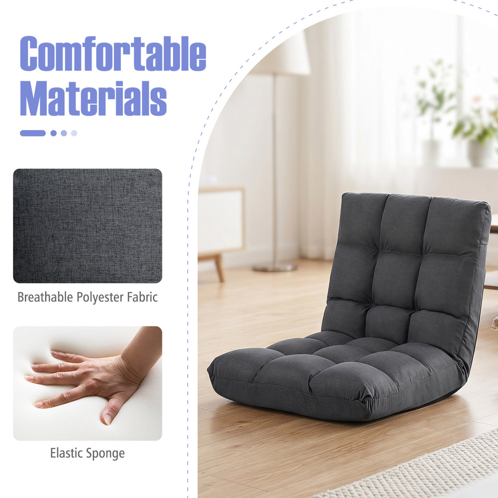 Adjustable gray floor chair with breathable polyester fabric and elastic sponge for ultimate comfort and back support.