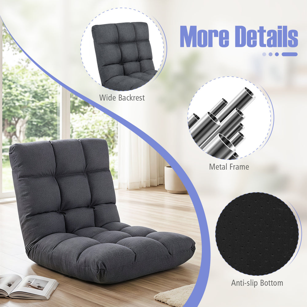 14-position adjustable floor chair in gray features a wide backrest, comfy cushion, and anti-slip bottom for stability.