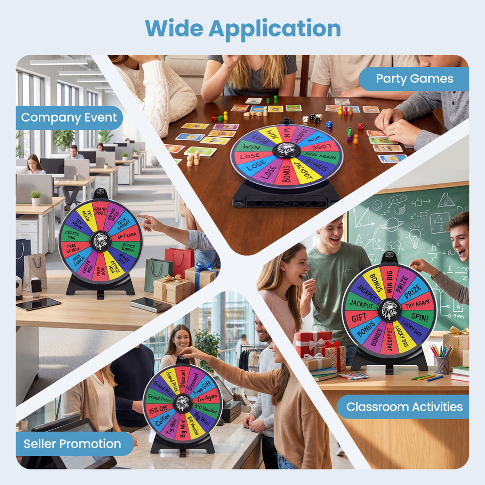 14-slot multicolor spin wheel with smooth surface, ideal for company events, party games, and classroom activities.