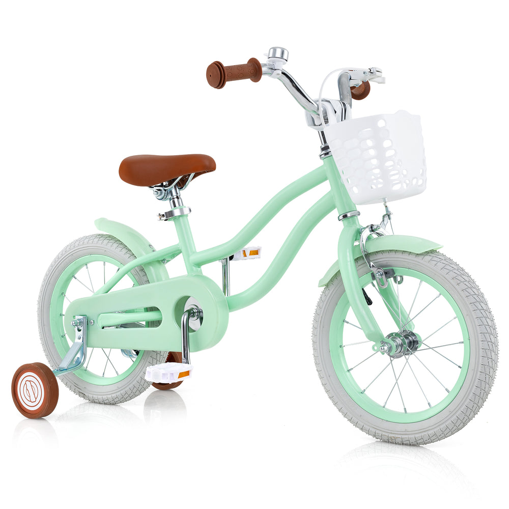 14-inch kids bike in mint green with adjustable seat, removable basket, and training wheels for ages 3-8.