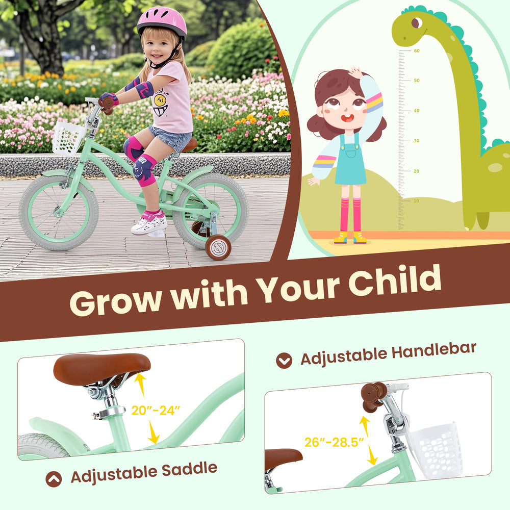 14-inch kids bike with adjustable seat and handlebar, featuring a removable basket and dual brake system for safety.