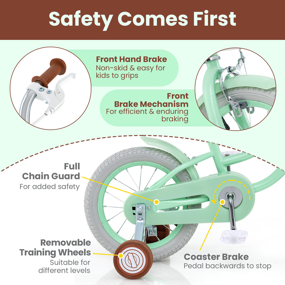 14-inch kids bike with adjustable seat, dual brake system, and removable training wheels for safe riding.