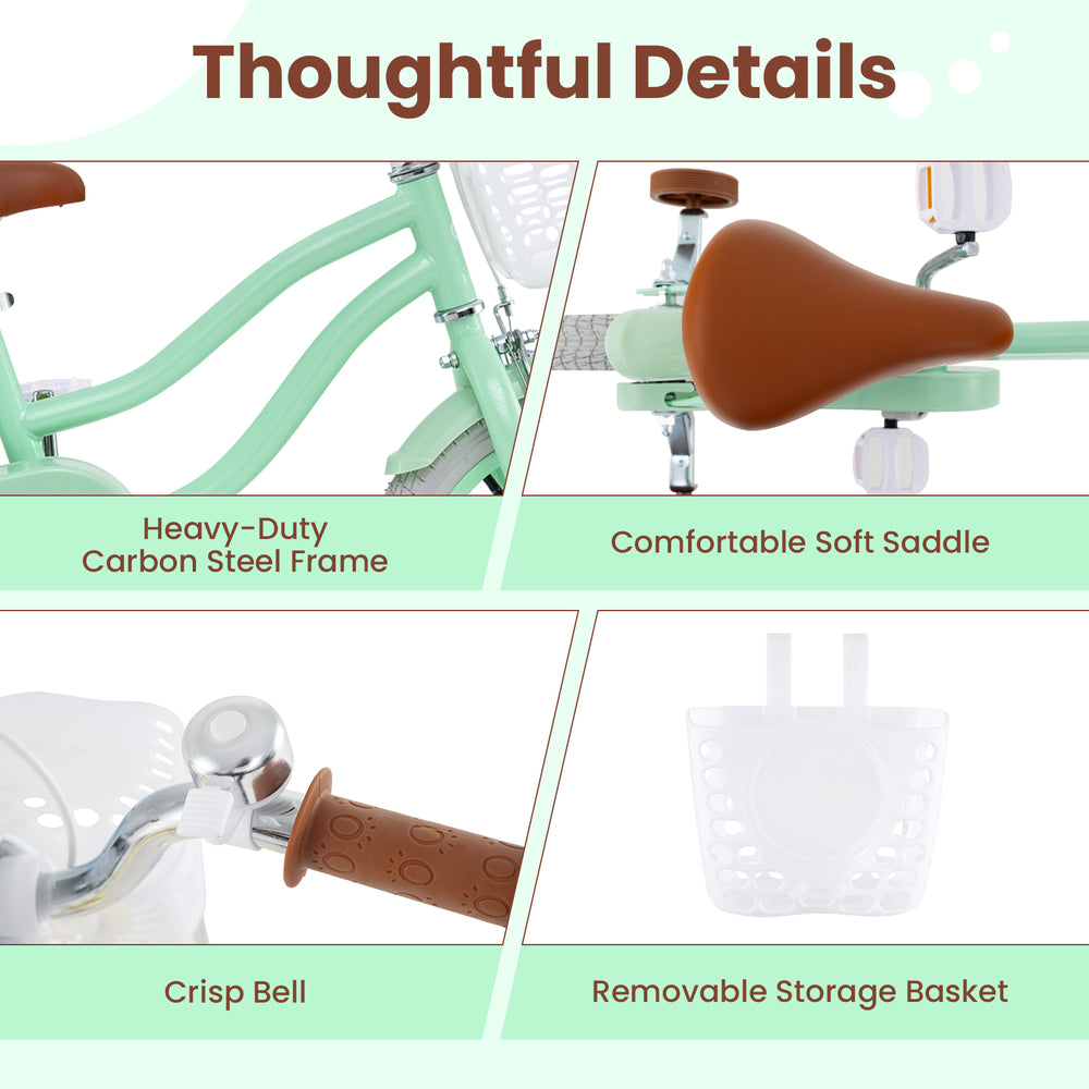 14-inch kids bike featuring a soft saddle, carbon steel frame, and removable storage basket for convenient play.