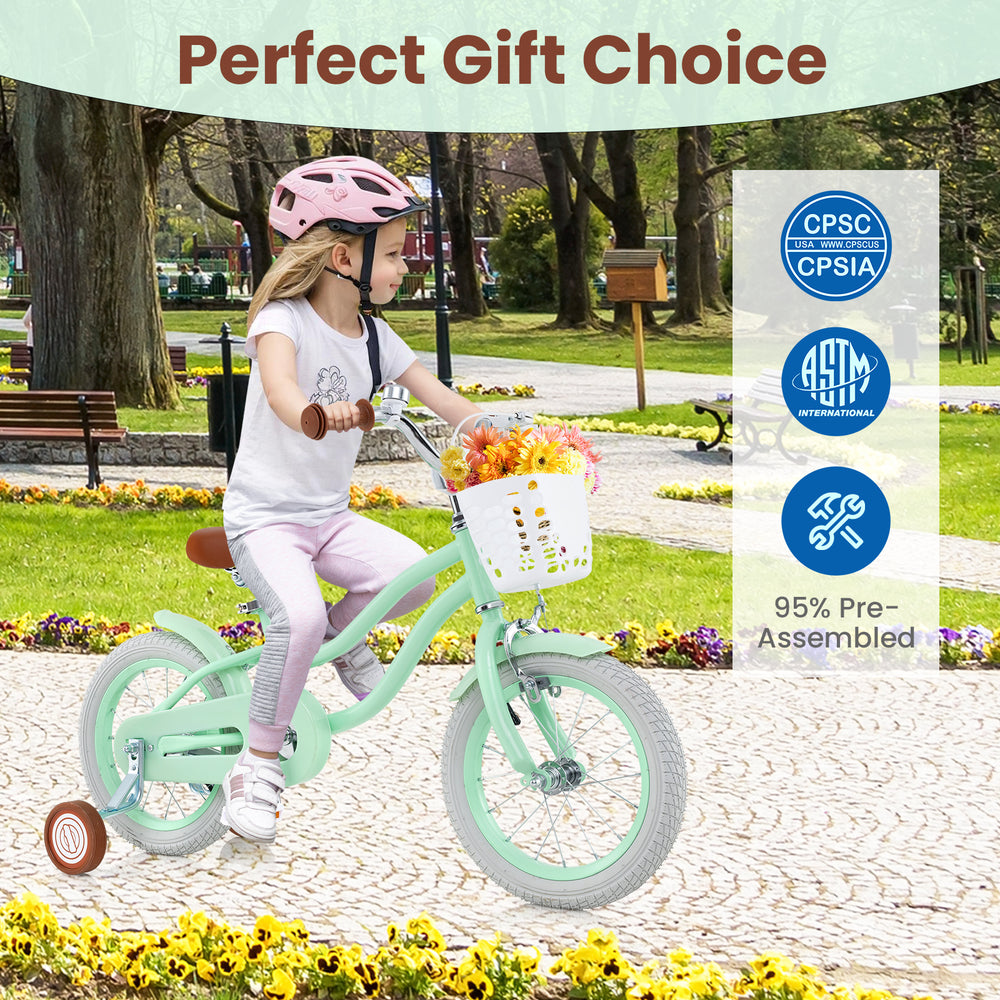 14-inch kids bike with adjustable seat, removable basket, and dual brake system, perfect for ages 3-8 years old.