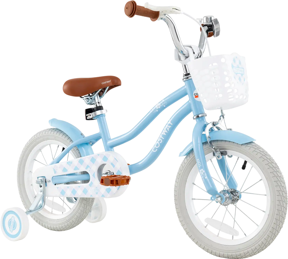 14-inch kids bike in blue with adjustable seat, removable basket, and training wheels for ages 3-5, ideal for safe.