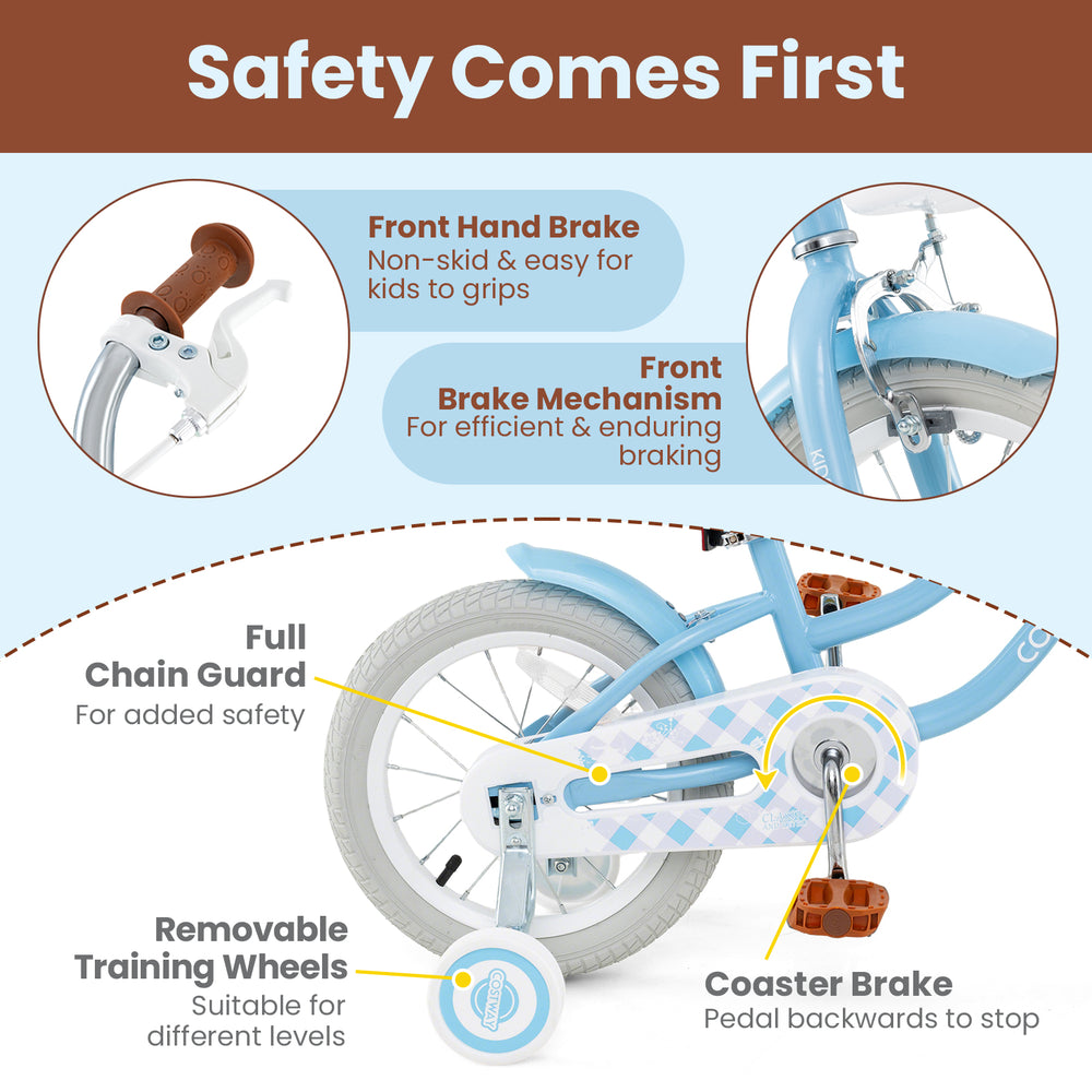 14-inch kids bike featuring a dual brake system, removable training wheels, and full chain guard for safety.