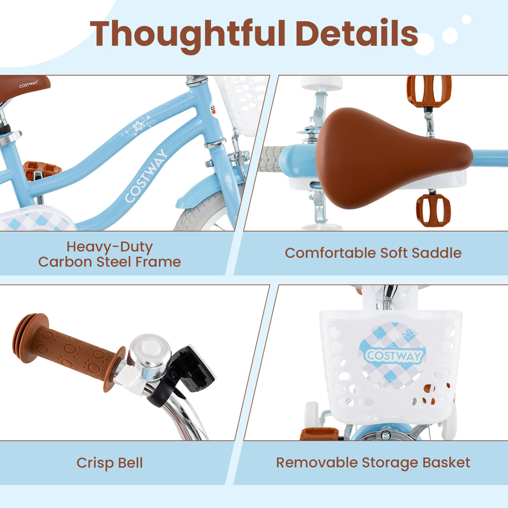 Kids bike features a carbon steel frame, soft saddle, and removable storage basket for fun and safety.