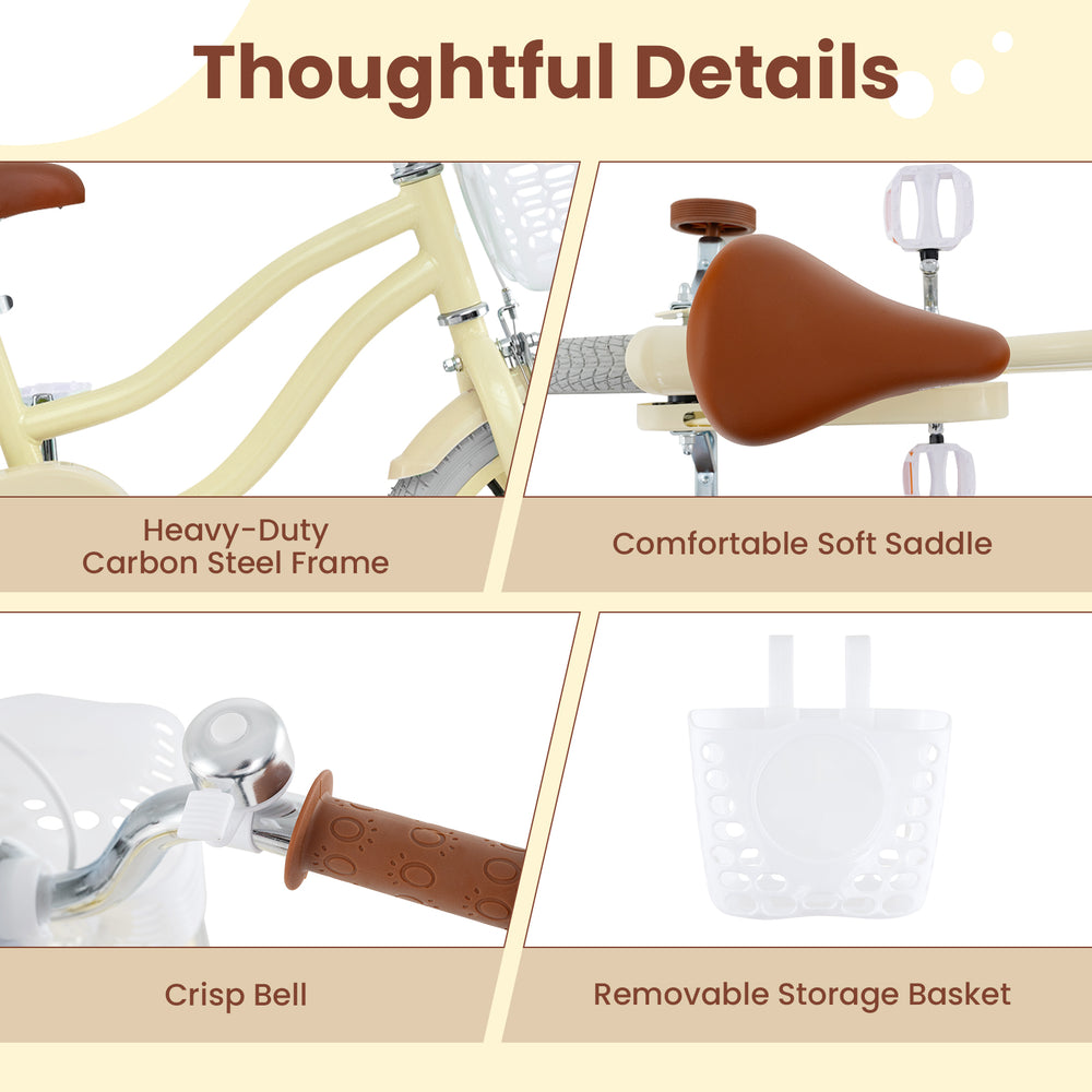 Close-up of the 14-inch kids bike featuring a soft saddle, removable storage basket, and durable carbon steel frame.