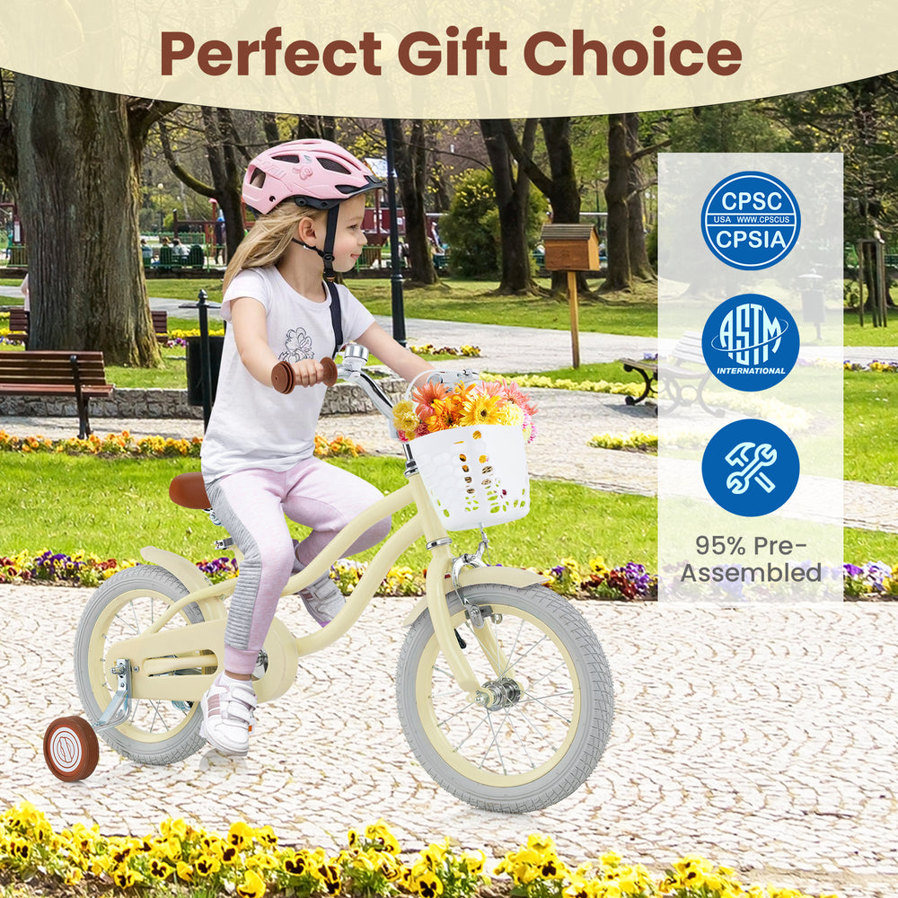14-inch kids bike with adjustable seat, training wheels, and removable basket for ages 3-8, perfect for outdoor fun.