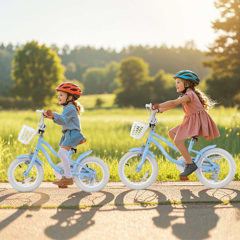 Two children riding a 14-inch kids bike with adjustable handlebars, featuring a removable basket for toys and snacks.