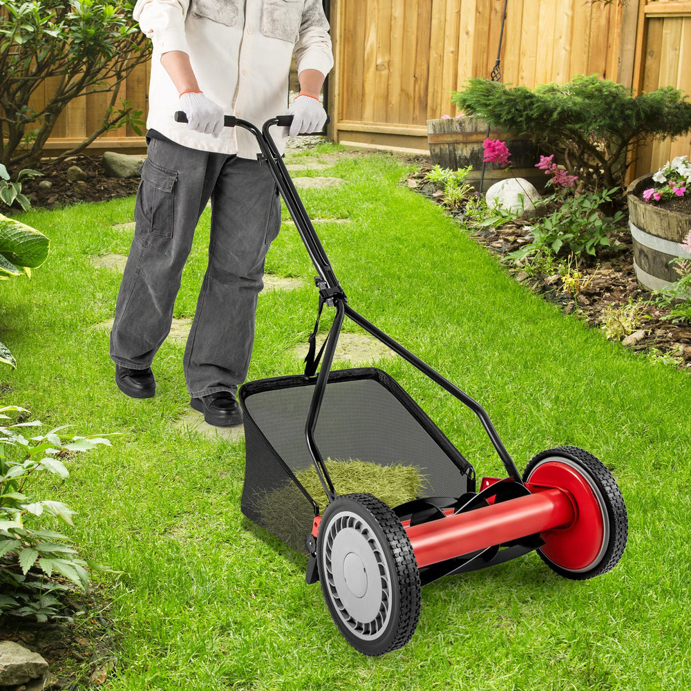 14 Inch Push Lawn Mower with 5 Steel Blades and Grass Catcher Bag-Red - Gallery View 1 of 10