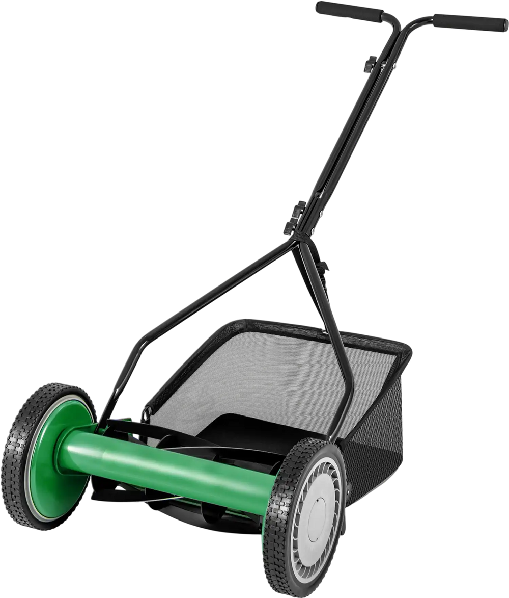 14-inch push lawn mower with 5 steel blades and detachable grass catcher bag for efficient lawn care.