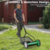 14-inch push lawn mower with 5 steel blades, featuring a grass catcher bag for efficient grass cutting and easy storage.