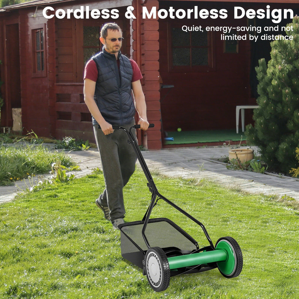 14-inch push lawn mower with 5 steel blades, featuring a grass catcher bag for efficient grass cutting and easy storage.
