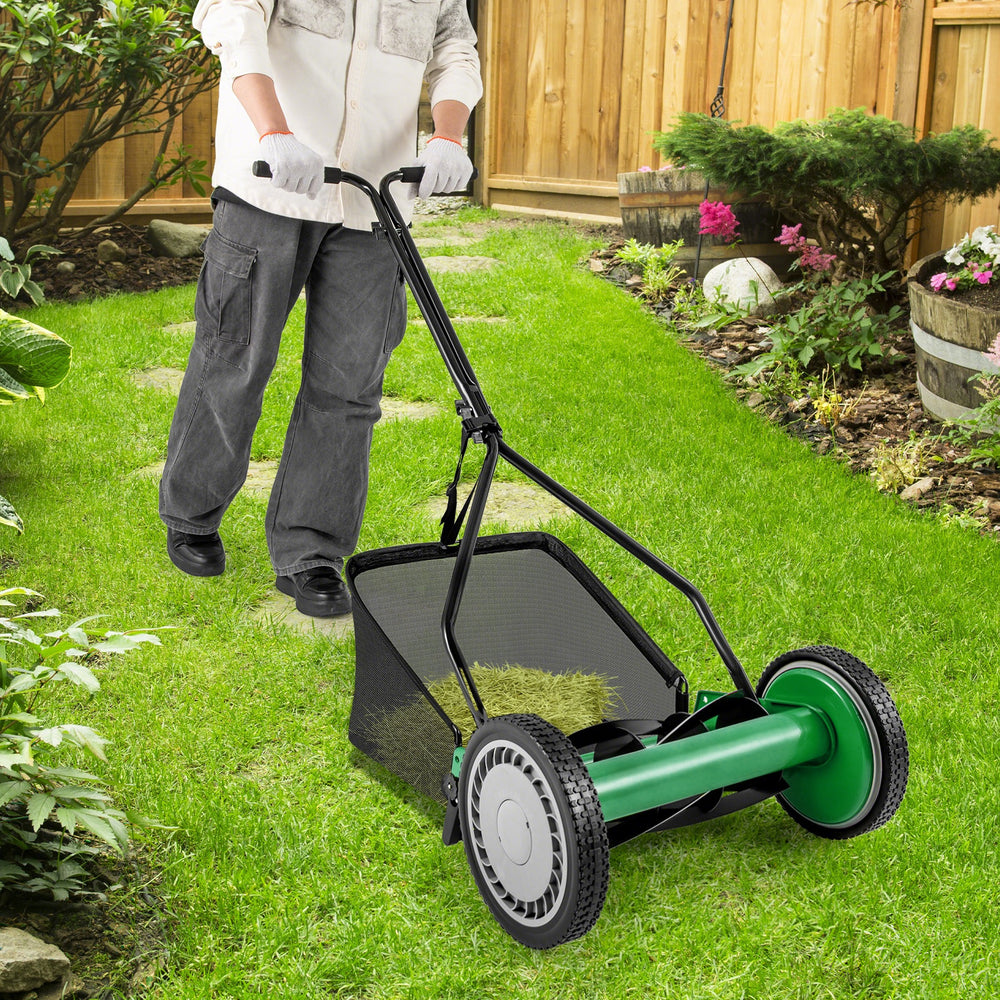 14 Inch Push Lawn Mower with 5 Steel Blades and Grass Catcher Bag-Green - Gallery View 1 of 10